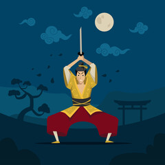 Chinese or Japanese warrior in traditional kimono. Flat vector illustration. Cartoon male character training with sword at night in landscape background. Eastern Asia, samurai, fight, culture concept