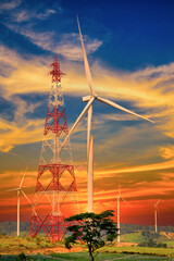 Wall Mural - Wind turbines on mountain at sunset in Thailand.