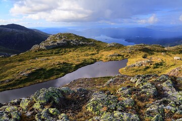 Sticker - Stord island landscape in Norway. Mountain view of Kattnakken. Tysnesoy island in background.