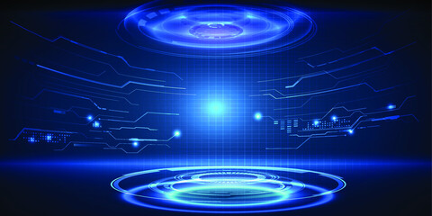 Wall Mural - abstract futuristic stage digital technology background with glowing neon pedestal for product displ