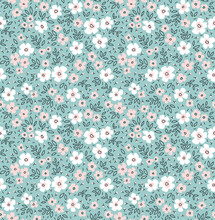 Cute Seamless Vector Floral Pattern. Endless Print Made Of Small White And Pale Pink Flowers. Summer And Spring Motifs. Light Blue Background. Stock Vector Illustration.