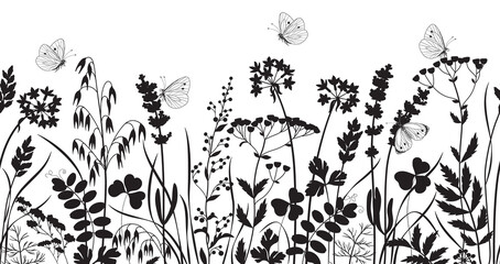 Wall Mural - seamless border with wild flowers and butterflies