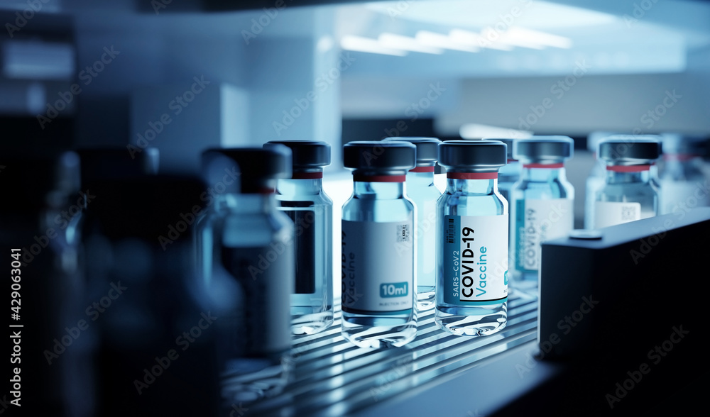 Bottle vials of Covid-19 vaccine production in cold refrigerated storage. Pharmaceutical 3D illustration. - obrazy, fototapety, plakaty 