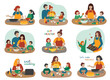 Vector Set of people preparing food. Cooking at home. Mom and daughter, mother and son, parents and children cook different food in the kitchen. Cartoon flat style. Isolated on a white background.
