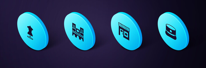 Sticker - Set Isometric Kepi, Coffee shop, Notre Dame and Mannequin icon. Vector