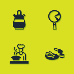 Sticker - Set Sangria pitcher, Churros and chocolate, Spanish cook and Omelette in frying icon. Vector