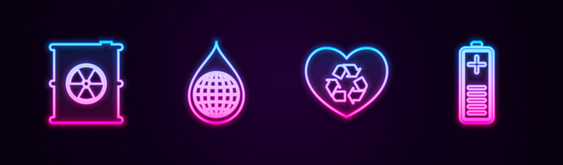  Set line Radioactive waste in barrel, Earth planet water drop, Eco friendly heart and Battery charge level indicator. Glowing neon icon. Vector