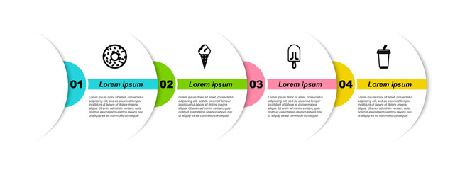 Sticker - Set line Donut, Ice cream in waffle cone, and Glass with water. Business infographic template. Vector