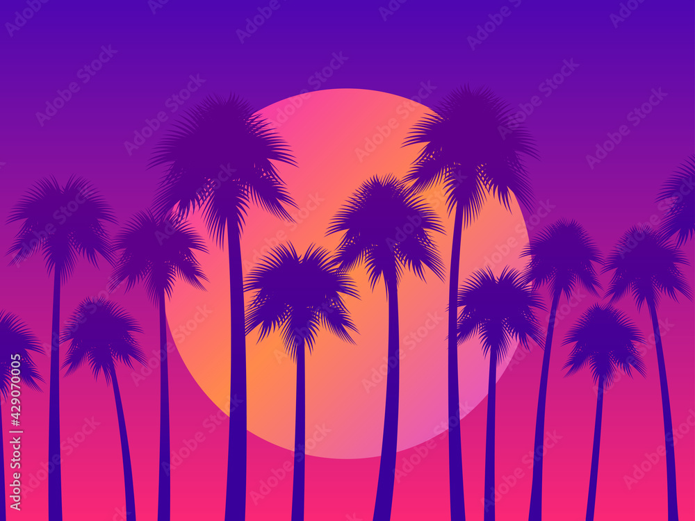 Tropical sunset with palms and gradient sun in 80s style. Design for advertising brochures, banners, posters, travel agencies. Vector illustration - obrazy, fototapety, plakaty 