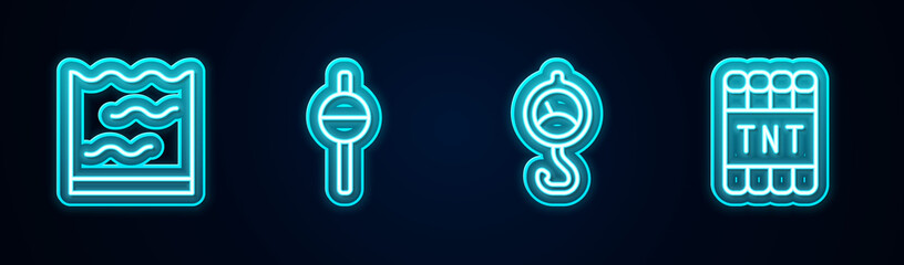 Sticker - Set line Aquarium, Fishing float, Spring scale and Detonate dynamite bomb stick. Glowing neon icon. Vector