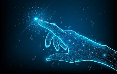 Touch the future low poly hand wireframe. Vector polygonal image in form of starry sky or space, consisting of points, lines, and shapes with destruct shapes. Futuristic concept vector illustration