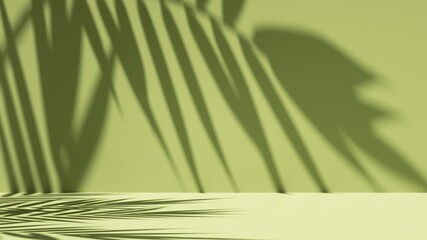 3d render, simple abstract green background illuminated with bright sunlight, with palm leaf shadow.
