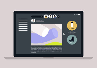 Social media design template, a layout with a website menu interface, user-generated content, and sponsored ad banners block, front end development