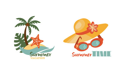 Straw Hat and Palm Tree as Beach Holiday and Summer Vacation at Sea Shore Vector Composition Set