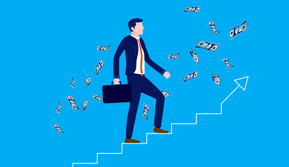 Wall Mural - Career progress - Businessman walking up stairs to reach success, with money falling from the sky. Ladder of success concept. Vector illustration.