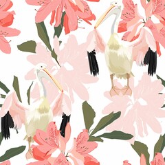 Wall Mural - Tropical vintage pink Rhododendron flowers, pelican floral seamless pattern on white background. Exotic jungle bird wallpaper.