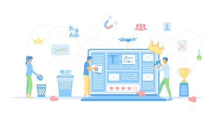 Wall Mural - Content strategy, marketing, optimization, digital marketing. People create high quality content. Place photos, videos, audio, text files on the site. Vector illustration flat style.