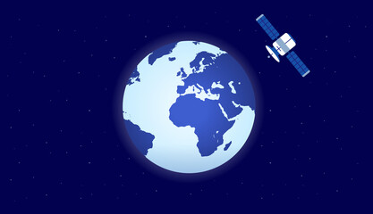 earth and satellite - view from space of planet earth and communication satellite, on dark blue back