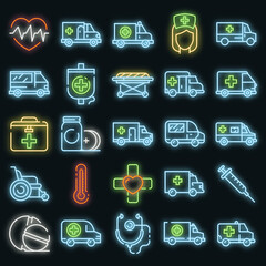 Sticker - Ambulance icons set. Outline set of ambulance vector icons neon color on white
