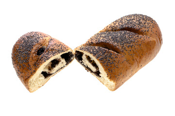 Ruddy bun with poppy seeds, roll cut into two pieces, on a white background in isolation