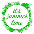 © Hanasta7 - summer time poster with an inscription in the middle on a white background in a circle with tropical plants and flowers with palm leaves