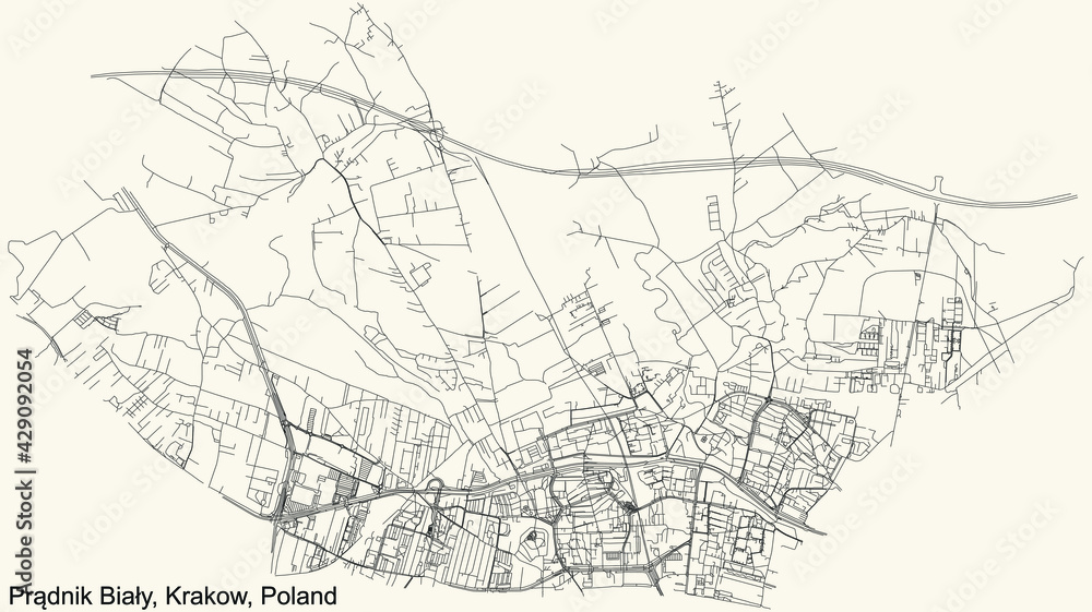 Black simple detailed street roads map on vintage beige background of the quarter Prądnik Biały (White Prądnik) district of Krakow, Poland - obrazy, fototapety, plakaty 