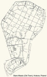 Black simple detailed street roads map on vintage beige background of the quarter Stare Miasto (Old Town) district of Krakow, Poland