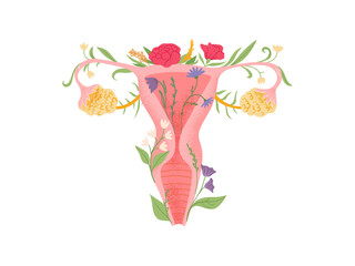 Female reproductive system vector cute illustration with flowers. Woman womb and vagina concept abstract style. 