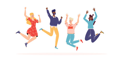 Wall Mural - Happy people jumping set. Diverse group of joyful people with raised hands jumping together. Positive and laughing men and women. Young funny teens guys and girls jumping together. Flat illustration