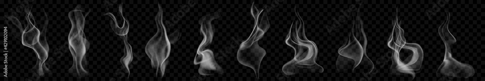 Set of several realistic transparent smoke or steam in white and gray colors, for use on dark background. Transparency only in vector format - obrazy, fototapety, plakaty 