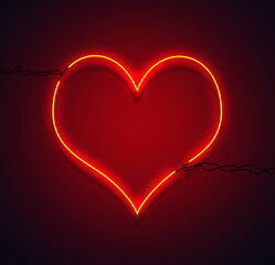 Drawn glowing neon red heart on a dark background.