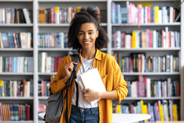 portrait of an african american happy pretty, smart confident female student with backpack, stylishl