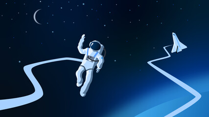 astronaut performing a spacewalk in orbit of planet earth. vector illustration