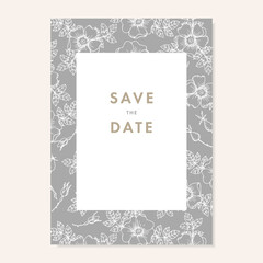 Wall Mural - Wedding invitation, save the date card. Floral pattern made of white dog roses flowers, buds and leaves. Elegant floral engraving, vintage design. Rose hips pen drawing. Vector illustration background