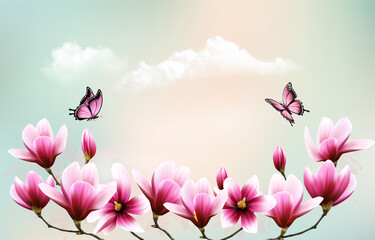 Poster - Nature background with beautiful magnolia branches on sky with clouds and butterflies. Vector.