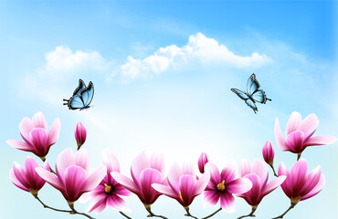 Poster - Nature spring background with beautiful magnolia branches on blue sky and butterflies. Vector.