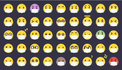 Cartoon coronavirus emoji set in medical masks. Vector yellow emoticon collection isolated on black. Mood and facial smiles. Funny, angry, happy and sad faces web icons for message.