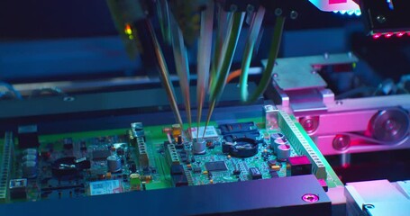 modern science and technology.technological process of assembling an electronic board with a special robotic cnc machine.close-up
