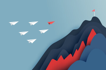 Wall Mural - paper leader airplane flying to the red flag target on mountains .successful and business teamwork c