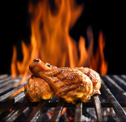 Poster - Grilled chicken legs on the flaming grill