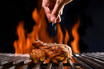 Wall Mural - Hand sprinkling salt and spices on grilled chicken leg on the flaming grill