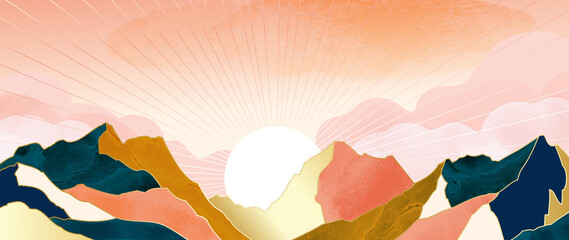 Wall Mural - landscape wallpaper design with golden mountain line arts, luxury background design for cover, invit