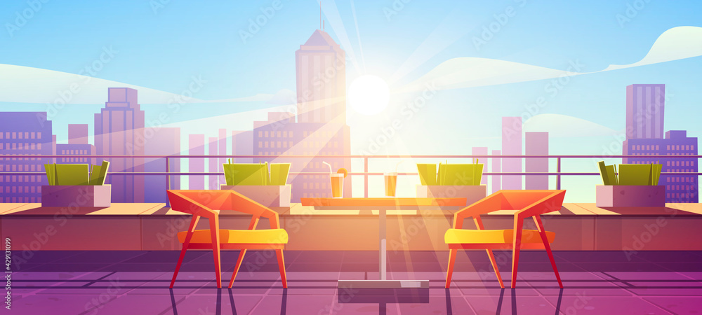 Restaurant on terrace on rooftop with city view. Empty patio on roof or balcony with cafe furniture, table, chairs and plants at sunny day. Vector cartoon illustration of house terrace in town - obrazy, fototapety, plakaty 