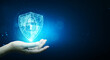 © Monster Ztudio - Protection network cyber security computer and safe your data concept, Businessman holding shield protect icon