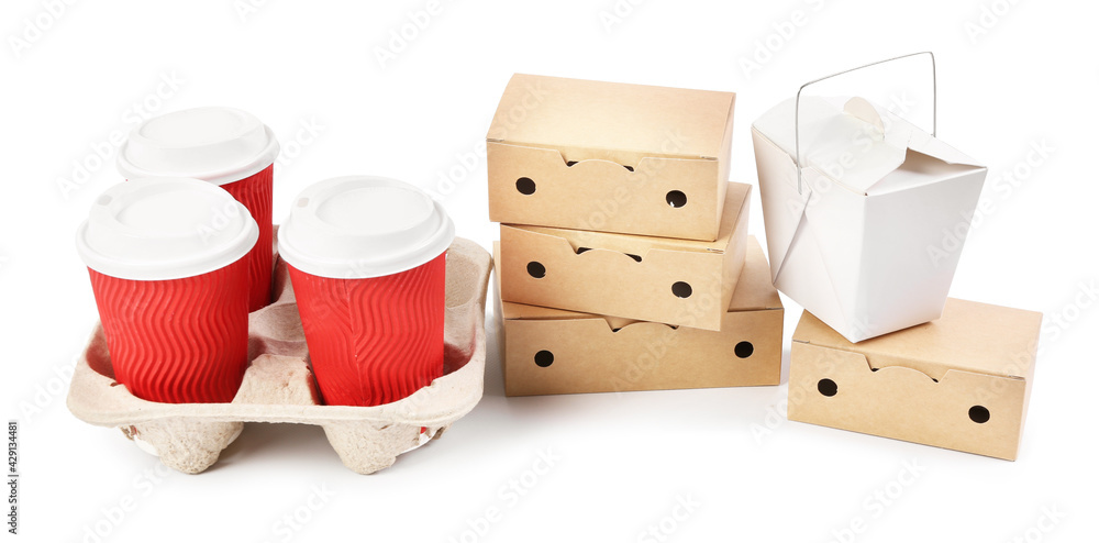 Paper boxes and cups on white background