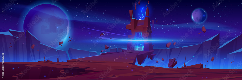 Magic portal on alien planet, space landscape, night fantasy scene with ...