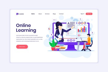 Wall Mural - landing page design concept of online learning, webinar and online education. student learning onlin