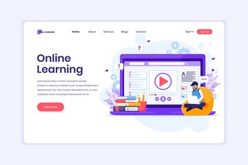 Wall Mural - landing page design concept of online learning, a man learning online at home. vector illustration