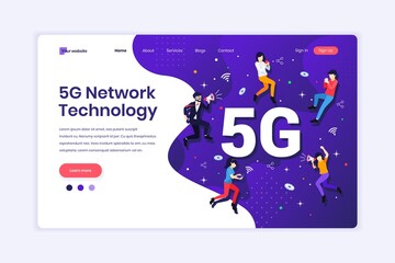 Wall Mural - Landing page design concept of 5G Network Technology. People using High-speed wireless connection 5G. vector illustration