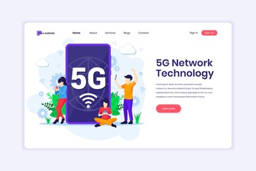 Wall Mural - Landing page design concept of 5G Network Technology. People using High-speed wireless connection 5G on their mobile phone. vector illustration